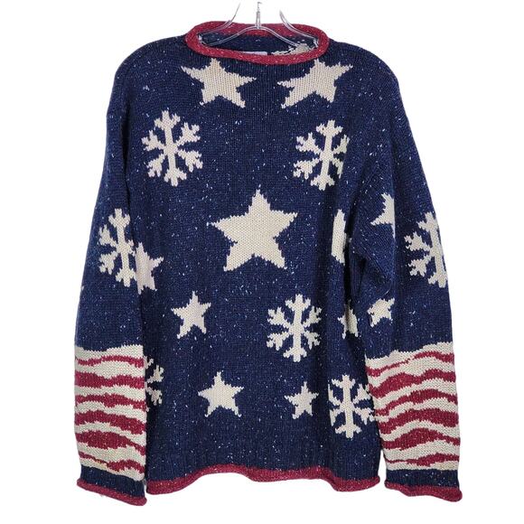 Vintage Americana Stars Snowflake Flag Sweater | Handknit Look | 1X - Picture 2 of 11